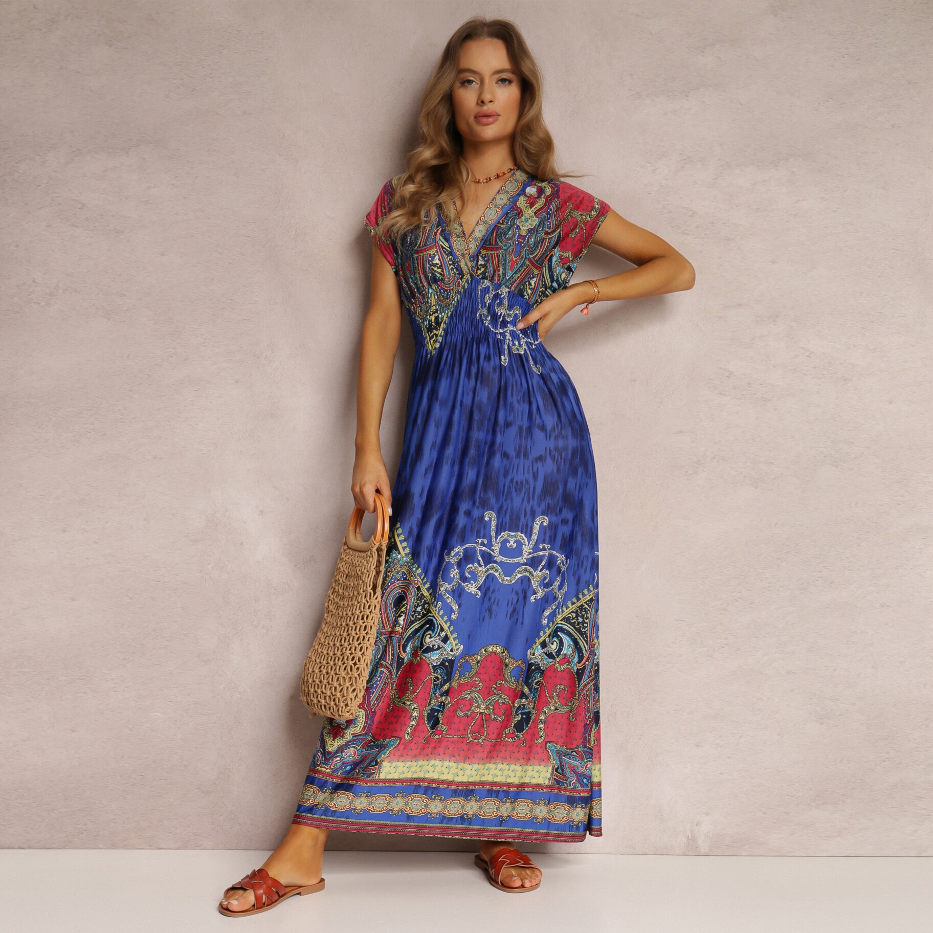 Niebieska Sukienka o Kopertowym Kroju w Ornamentalny Print Nalori, niebieski, tkanina, Renee, damski, letni, rozmiar M