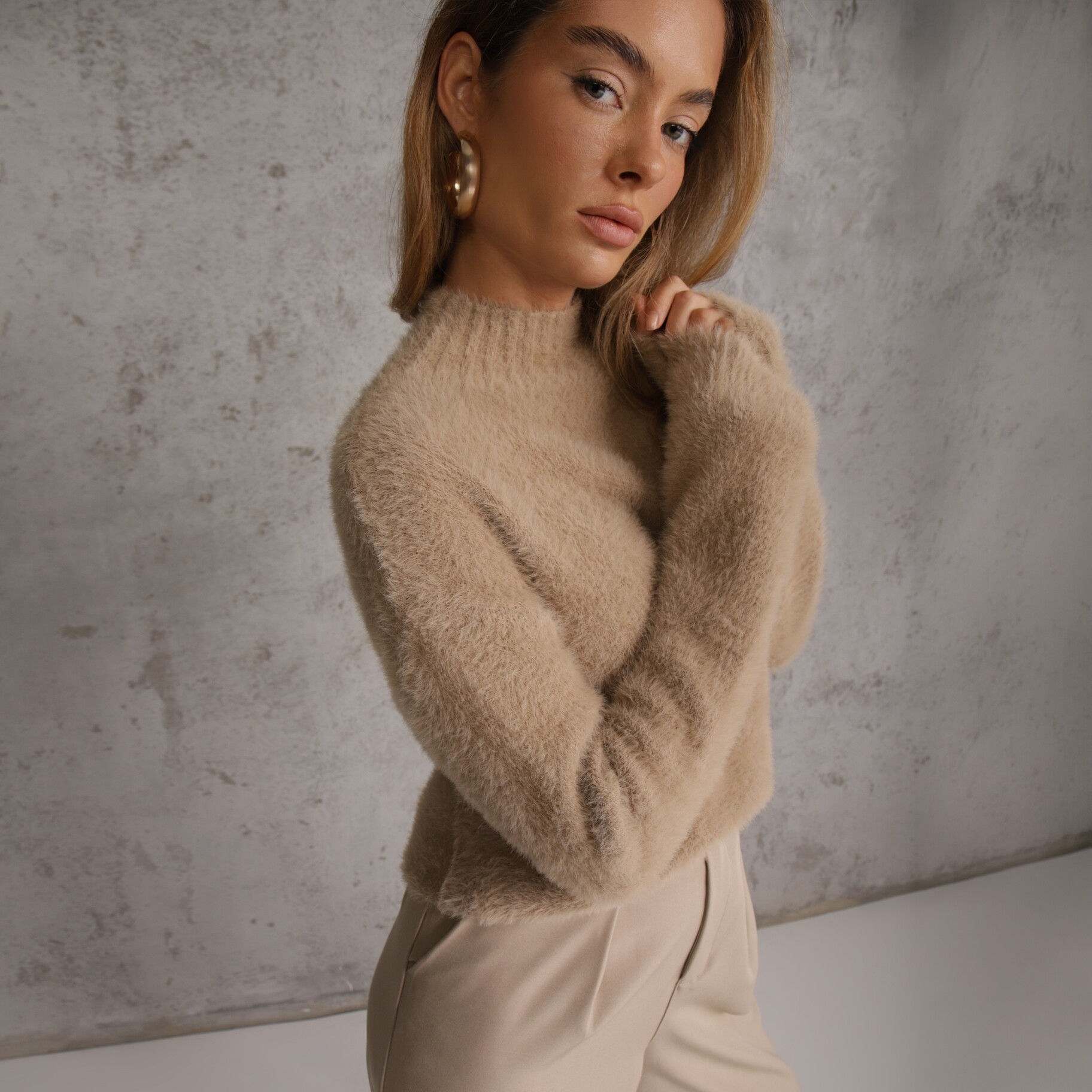 Beżowy Sweter Wełniany Tasphenyo, beżowy, Renee, damski, zimowy, rozmiar L