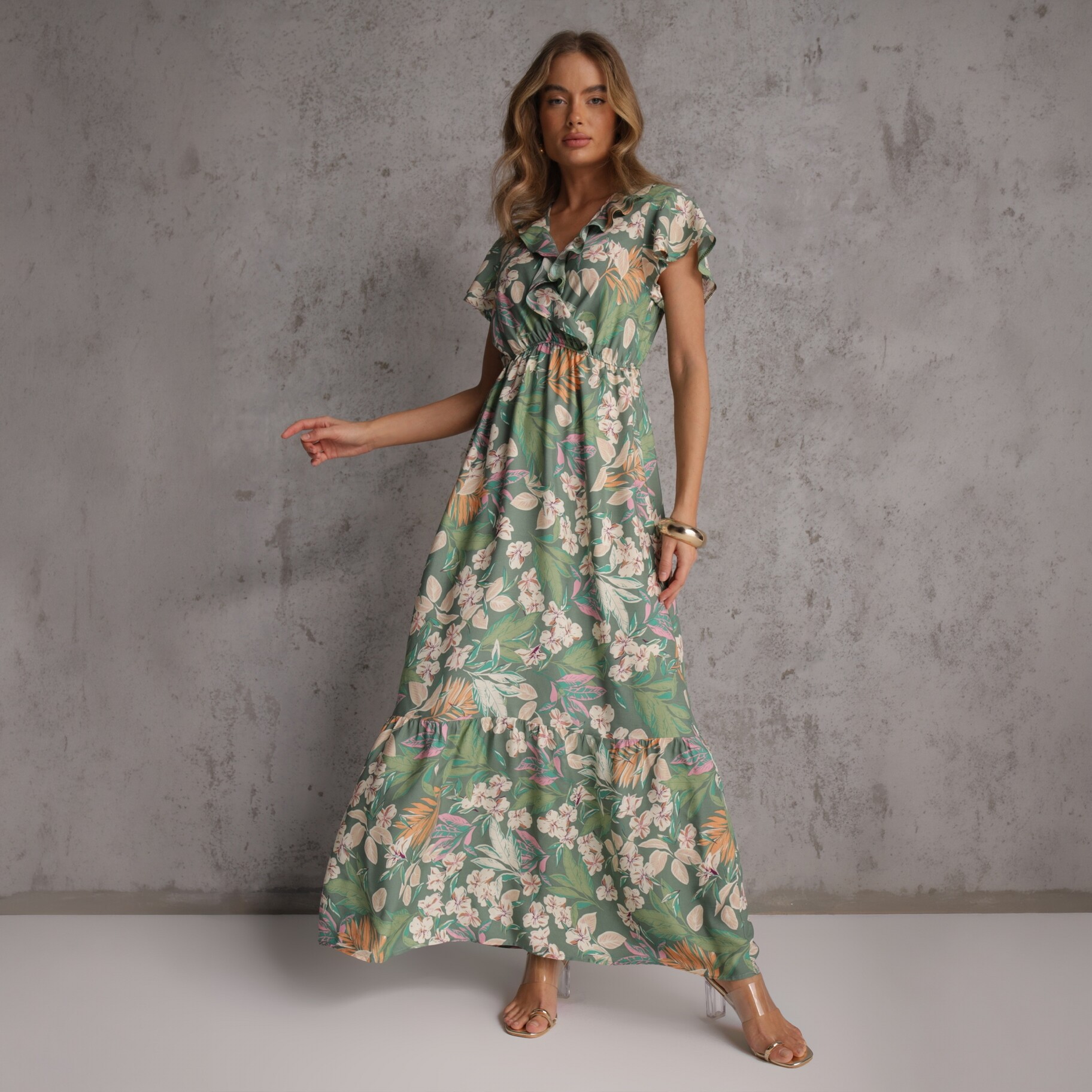 Zielona Sukienka z Wiskozy Maxi w Kwiaty Mahiza, zielony, tkanina, Renee, damski, letni, rozmiar M