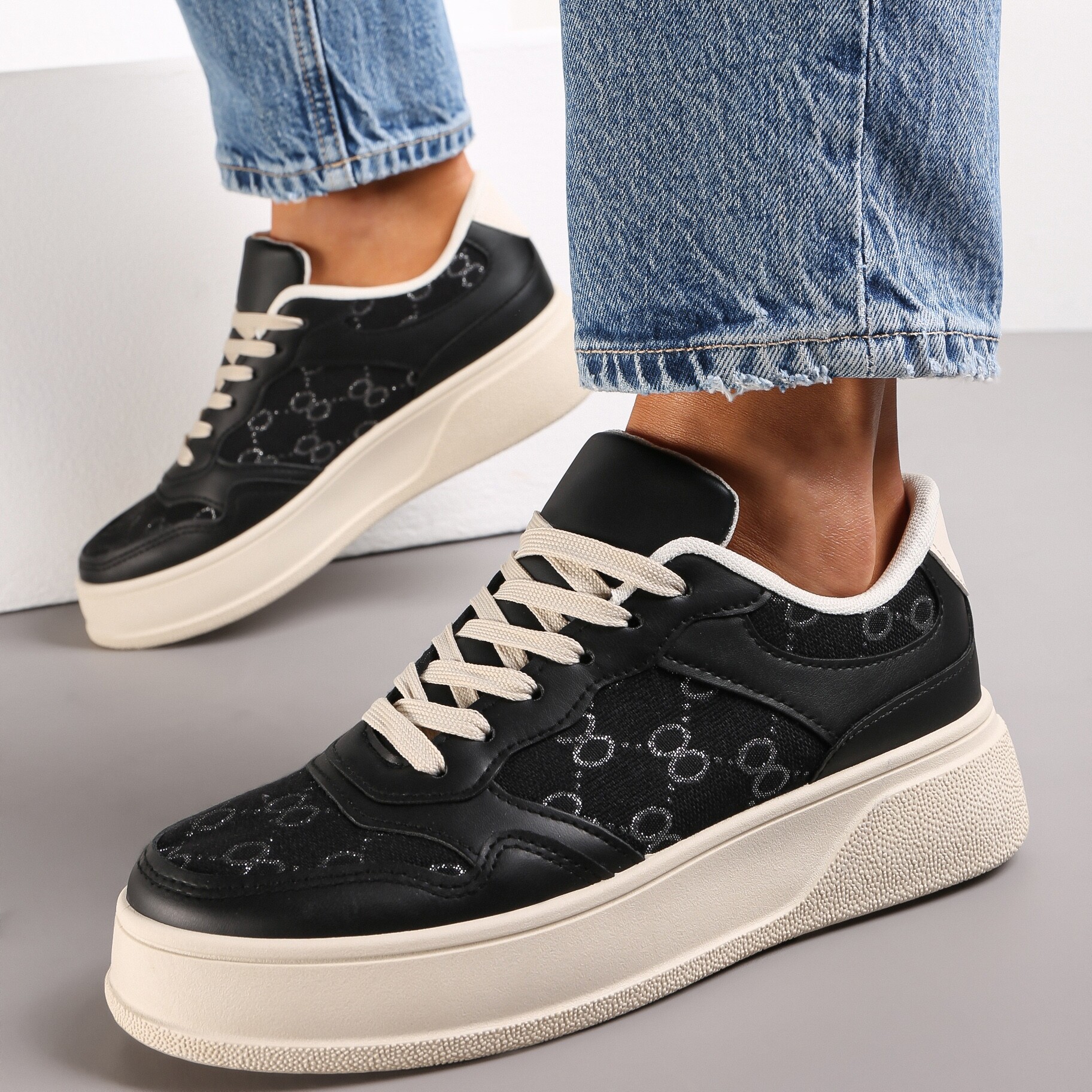 Czarne Sneakersy Sznurowane na Grubej Podeszwie Valua, czarny, imitacja skóry, Renee, damski, przejściowy, rozmiar 39