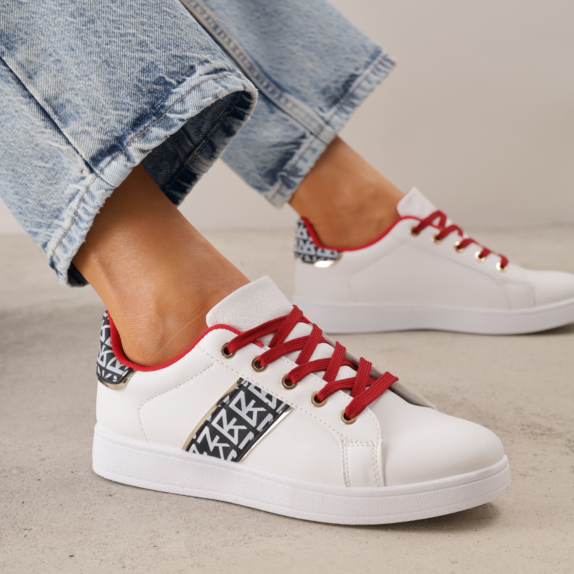 Biało-Czerwone Sneakersy Sznurowane z Wstawkami Danthe, biały, imitacja skóry, Renee, damski, przejściowy, rozmiar 40