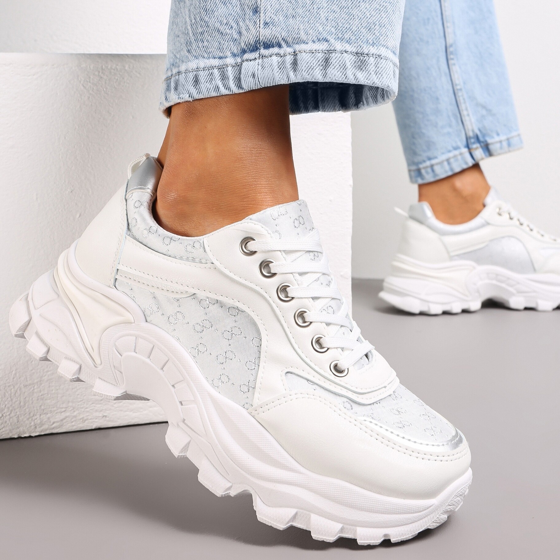 Białe Sneakersy z Metaliczną Nitką na Grubej Podeszwie Melimeda, biały, imitacja skóry, Renee, damski, przejściowy, rozmiar 38