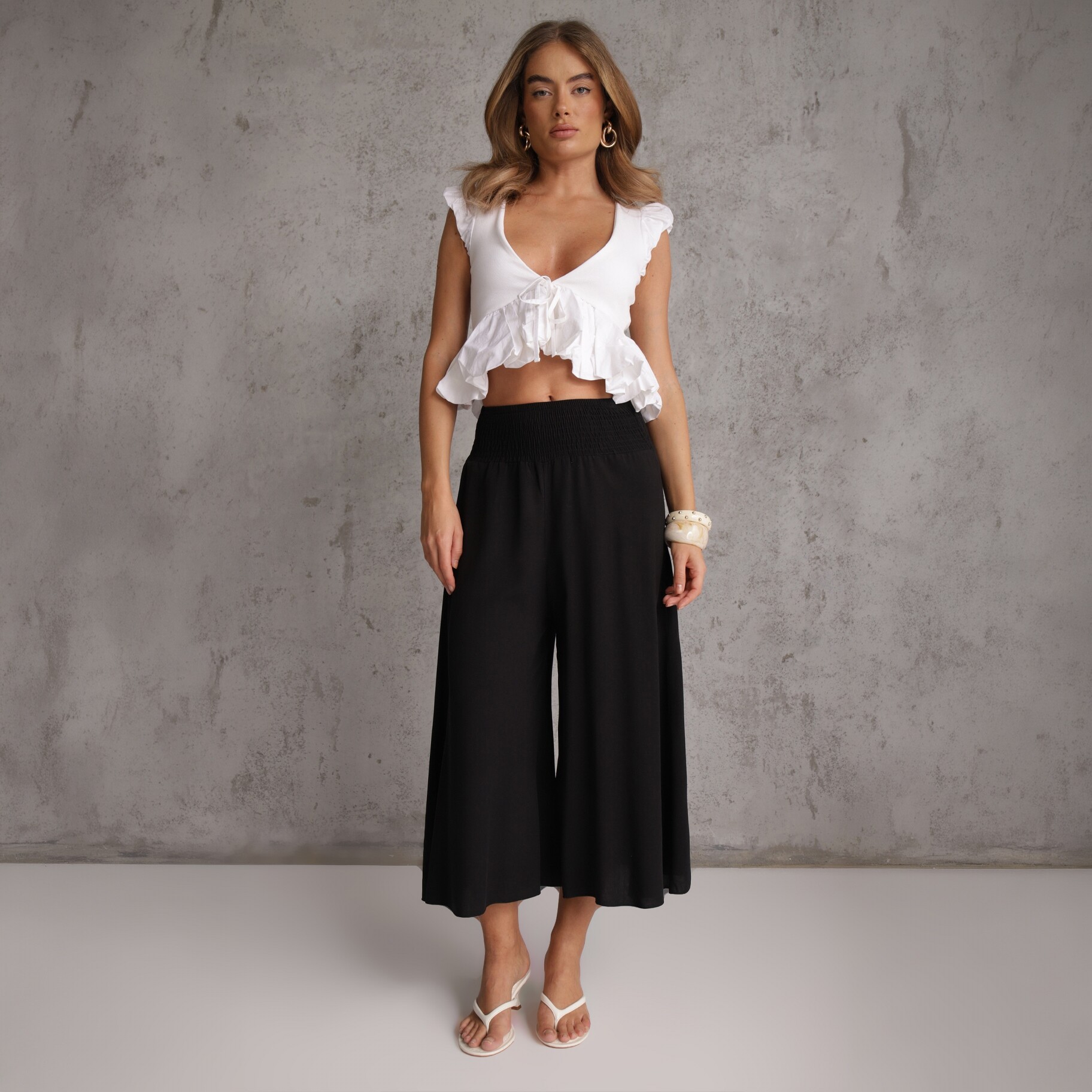 Czarne Szerokie Spodnie High Waist o Długości 7/8 Rathi, czarny, tkanina, Renee, damski, letni, rozmiar L