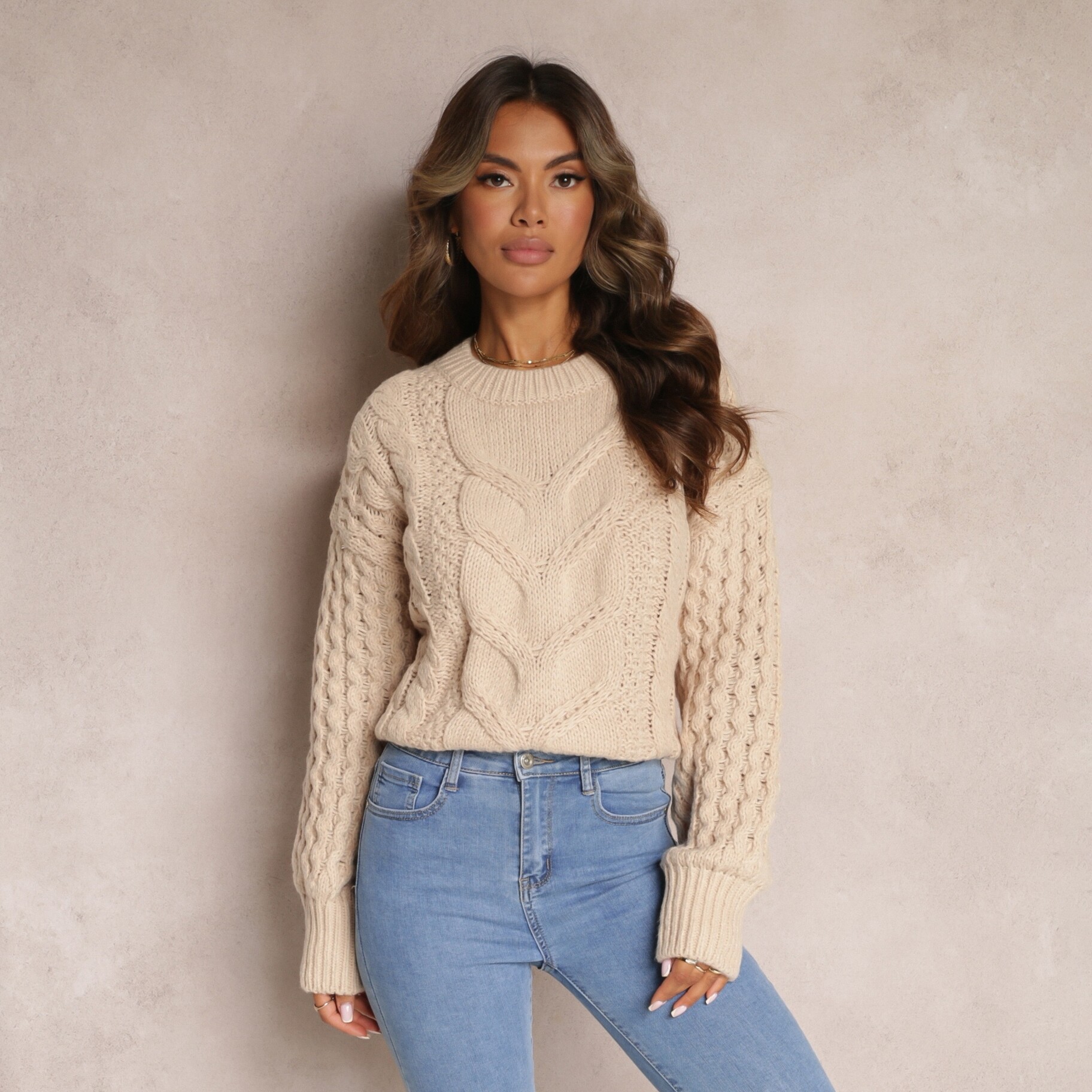 Beżowy Sweter z Wełną i Bawełną w Warkoczykowy Splot Kestina, beżowy, Renee, damski, zimowy, rozmiar M