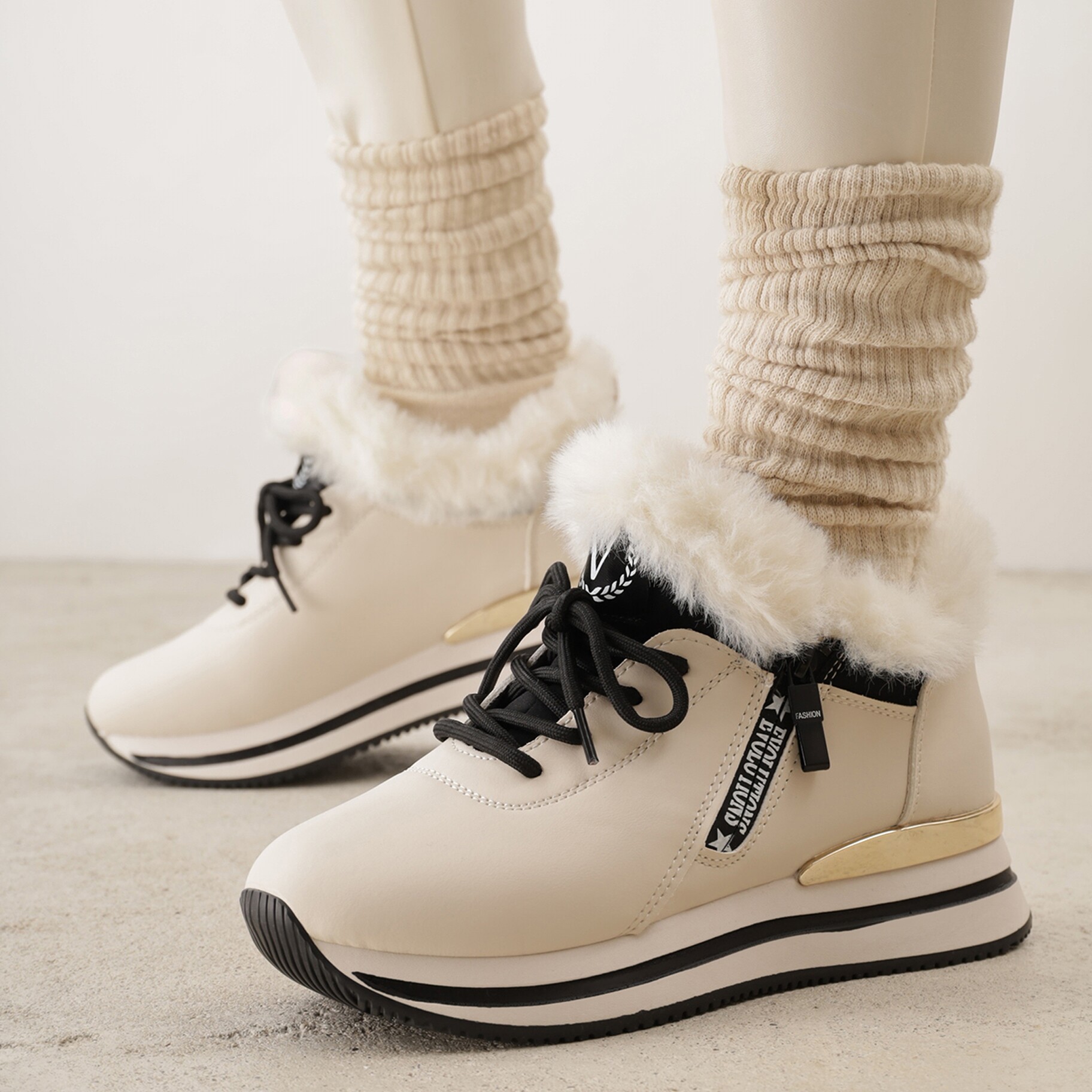 Beżowe Sznurowane Botki Sneakersy z Futerkiem Gameda, beżowy, imitacja skóry, Renee, damski, zimowy, rozmiar 39