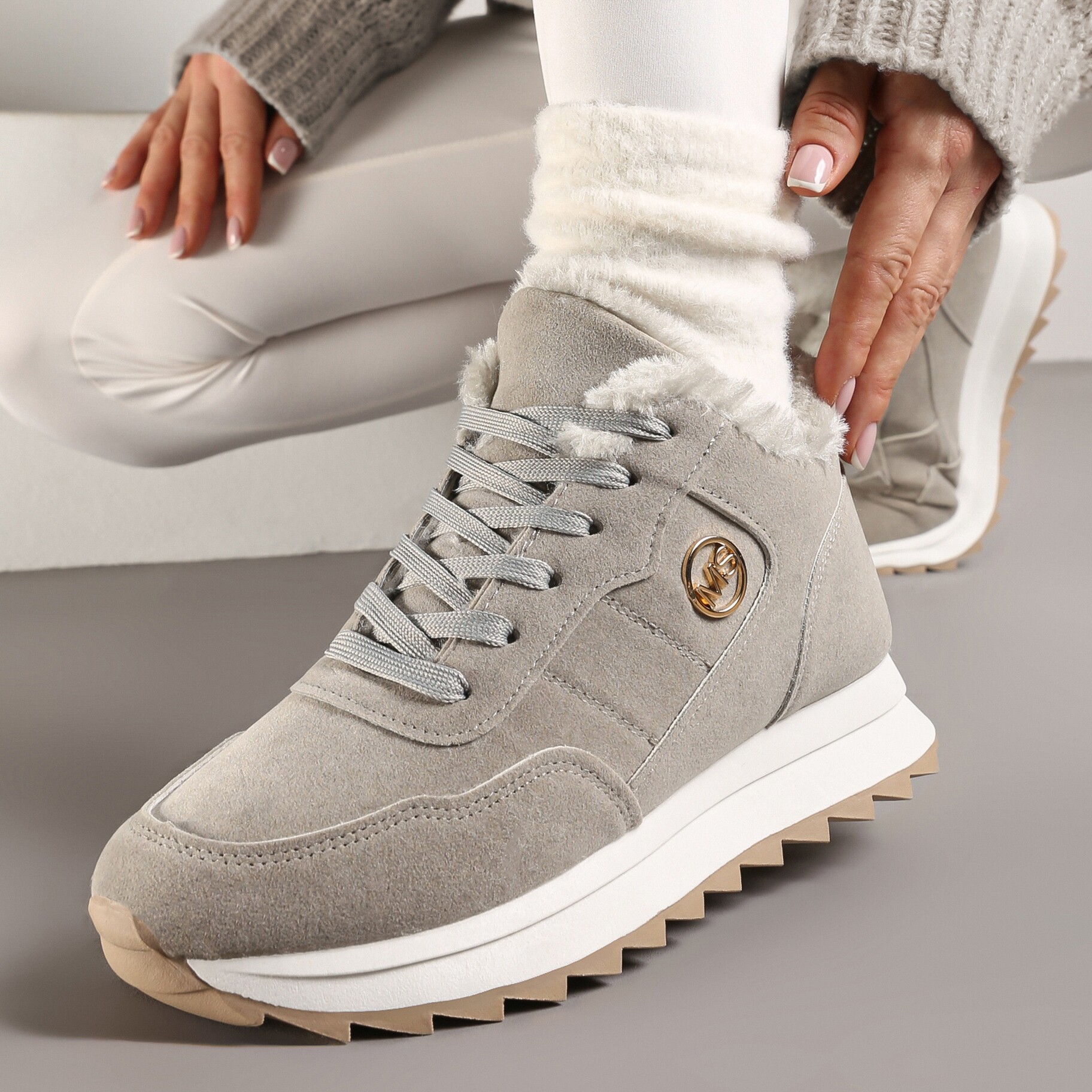 Szare Ocieplane Sneakersy na Platformie Appopis, szary, imitacja zamszu, Renee, damski, zimowy, rozmiar 38