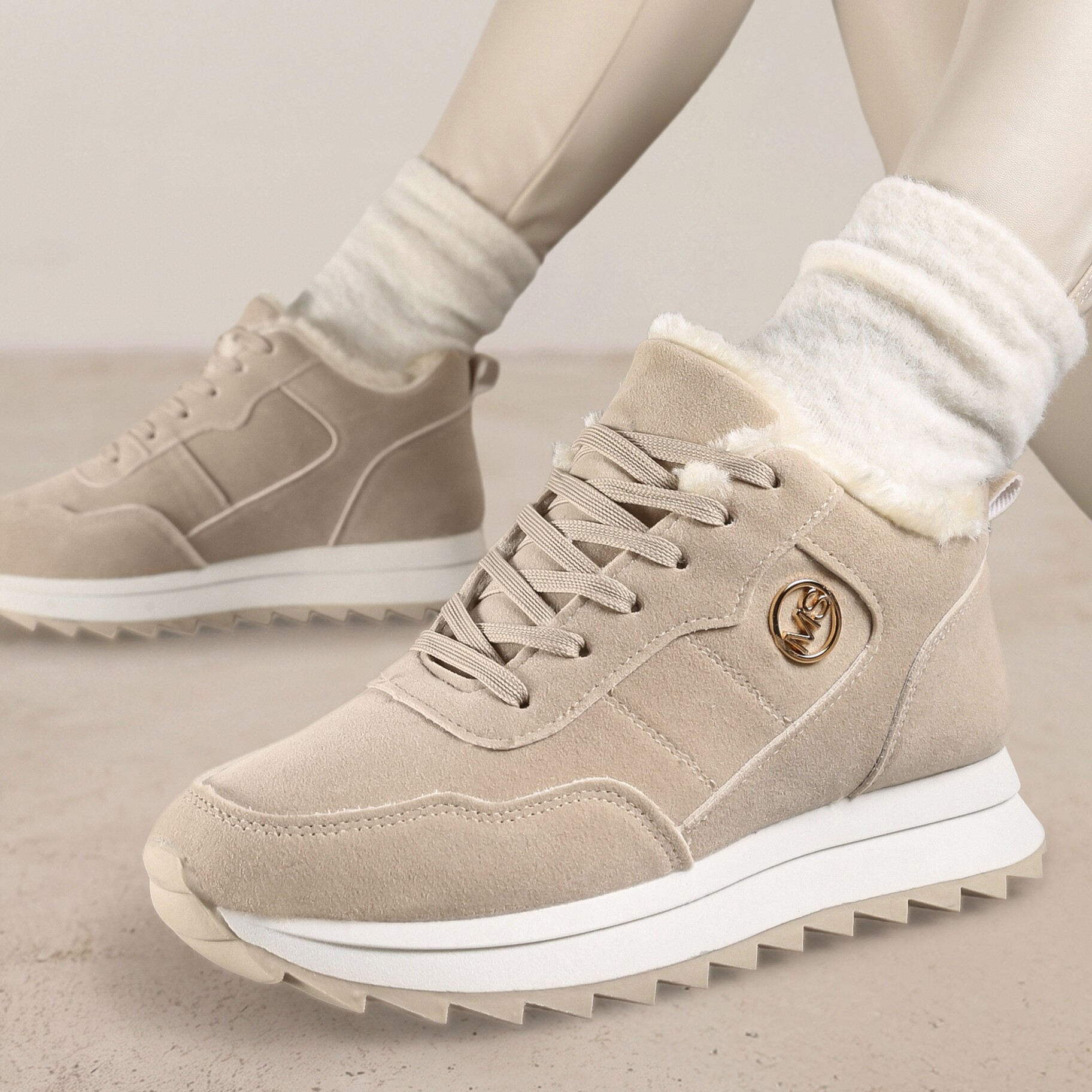 Beżowe Ocieplane Sneakersy na Platformie Appopis, beżowy, imitacja zamszu, Renee, damski, zimowy, rozmiar 39