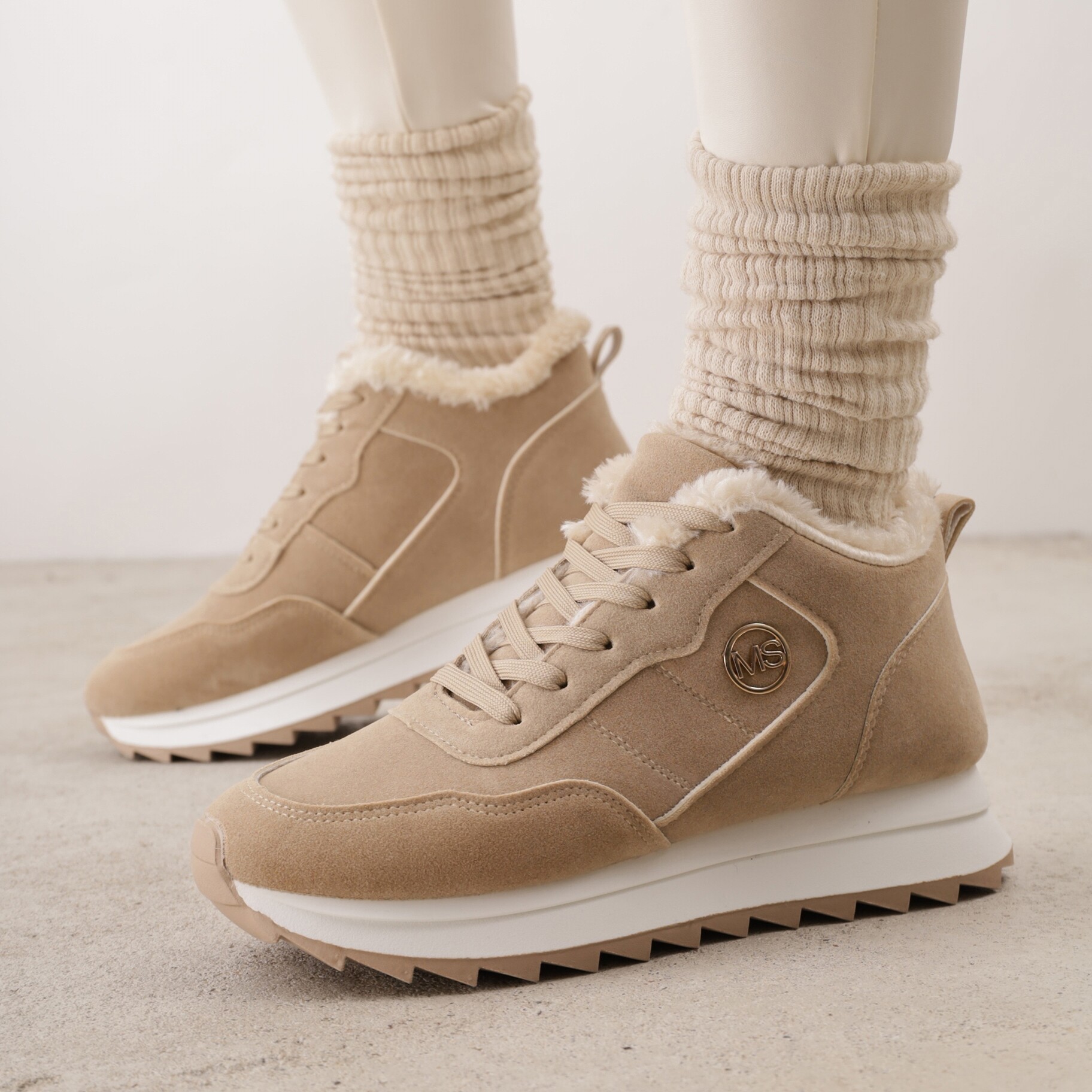 Ciemnobeżowe Ocieplane Sneakersy na Platformie Appopis, beżowy, imitacja zamszu, Renee, damski, zimowy, rozmiar 36