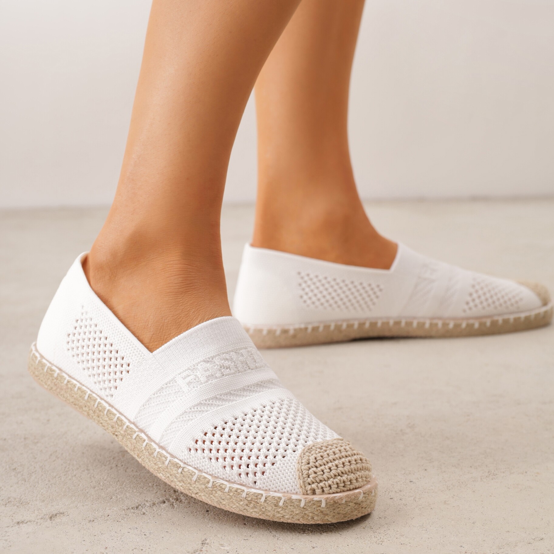 Białe Espadryle z Plecioną Cholewką przed Kostkę Mokosa, biały, materiał tekstylny, Renee, damski, letni, rozmiar 36