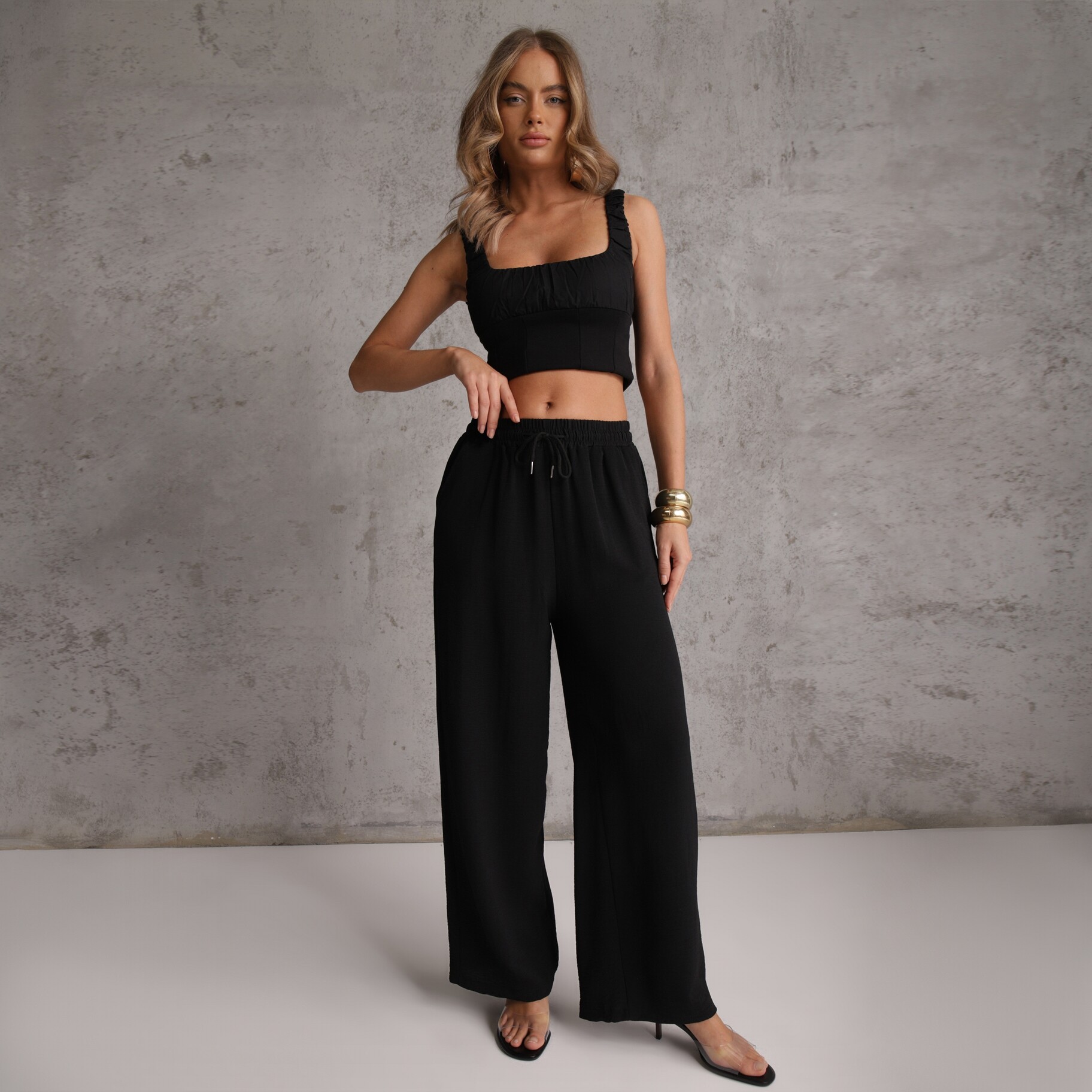 Czarne Spodnie High Waist ze Sznurkiem w Talii i Prostą Nogawką Raveann, czarny, tkanina, Renee, damski, letni, rozmiar M