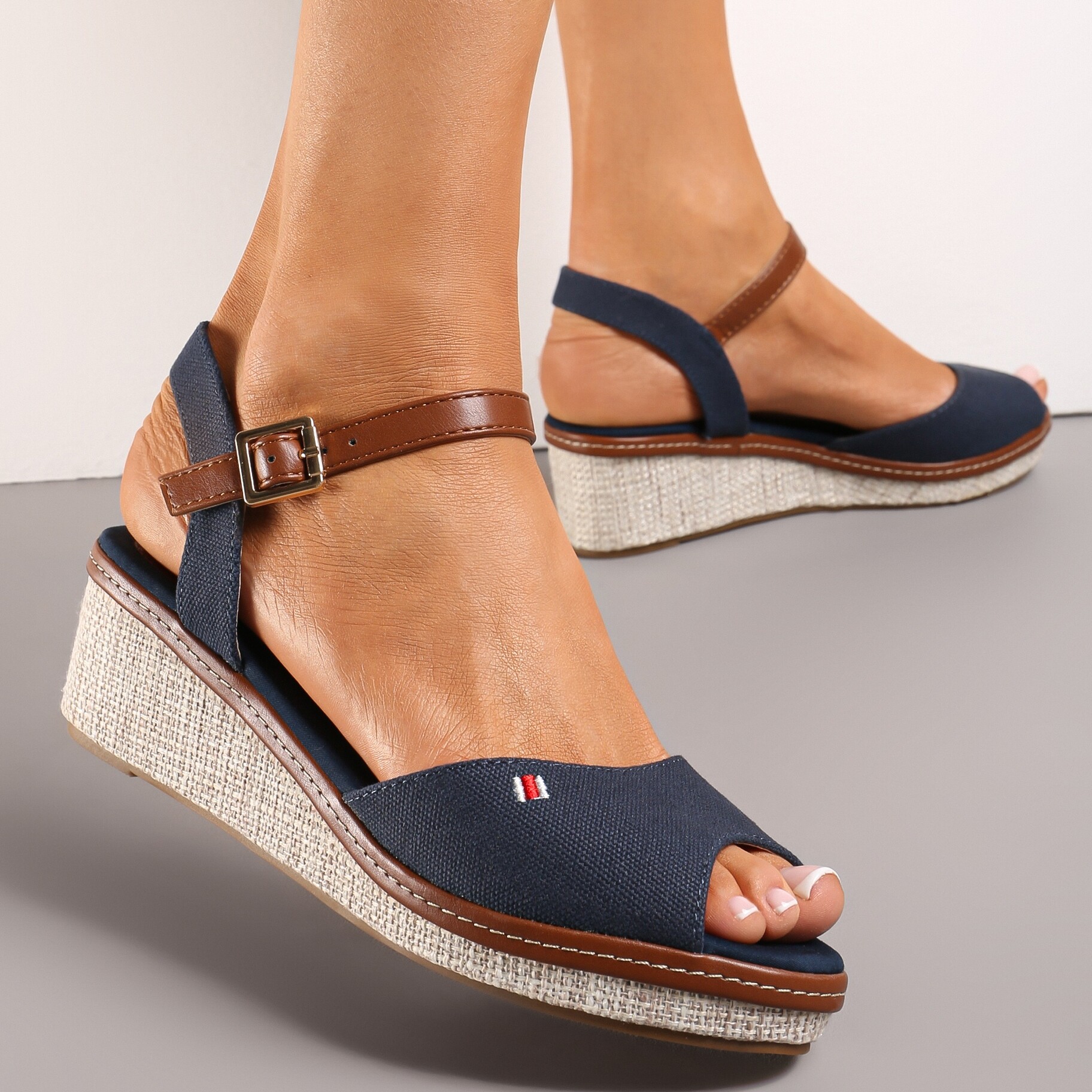 Granatowe Casualowe Sandały Espadryle na Koturnie z Plecionką Zapinane Wokół Kostki Persephia, granatowy, materiał tekstylny, Renee, damski, letni, rozmiar 38