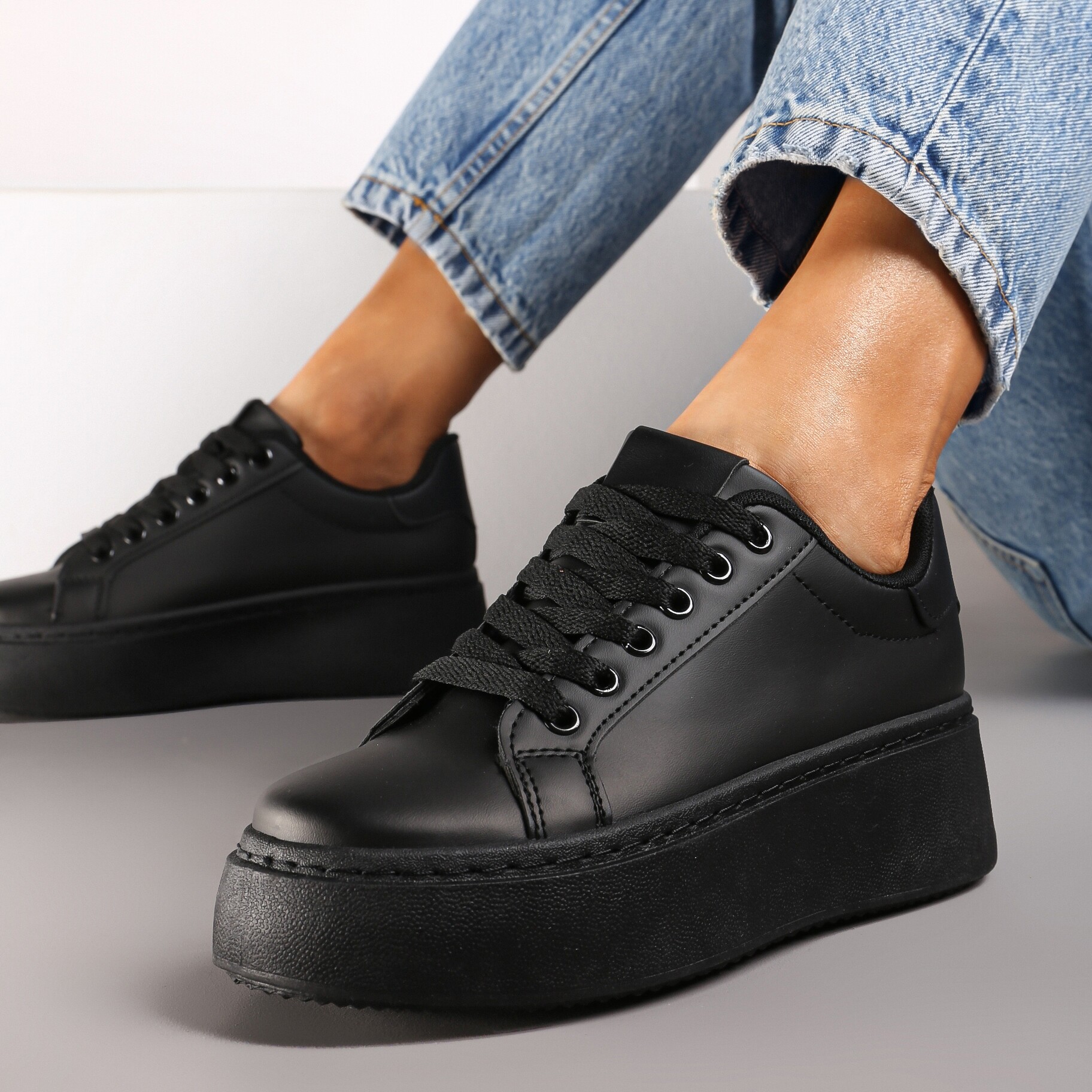 Czarne Basicowe Sneakersy na Platformie Tiaeliana, czarny, imitacja skóry, Renee, damski, przejściowy, rozmiar 39