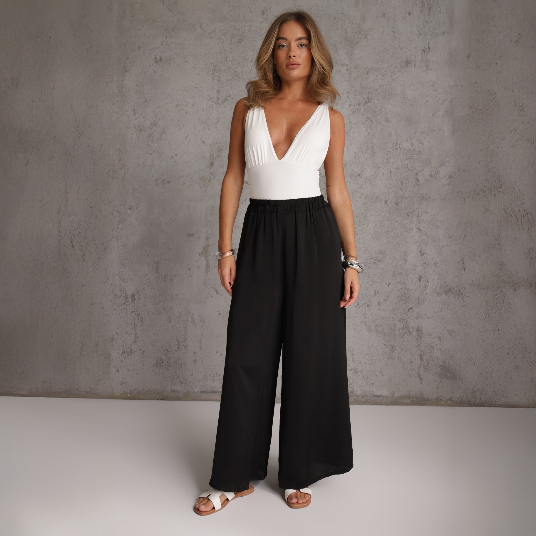 Czarne Wiskozowe Spodnie Szerokie High Waist Rissalene, czarny, tkanina, Renee, damski, letni, rozmiar L