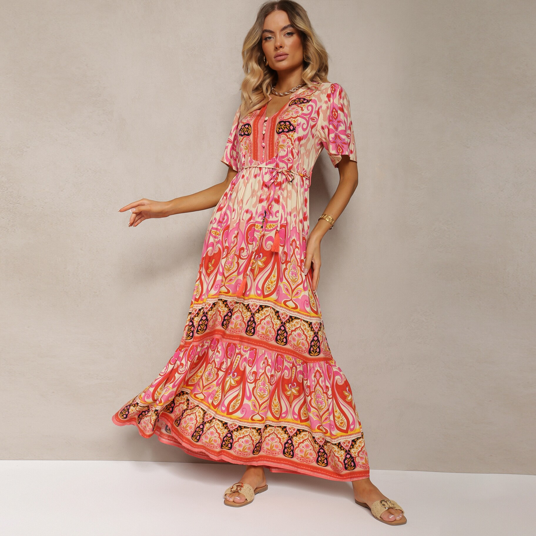 Czerwona Boho Sukienka z Wiskozy z Ozdobnymi Guzikami i Cienkim Paskiem w Talii Dimosia, czerwony, tkanina, Renee, damski, letni, rozmiar L