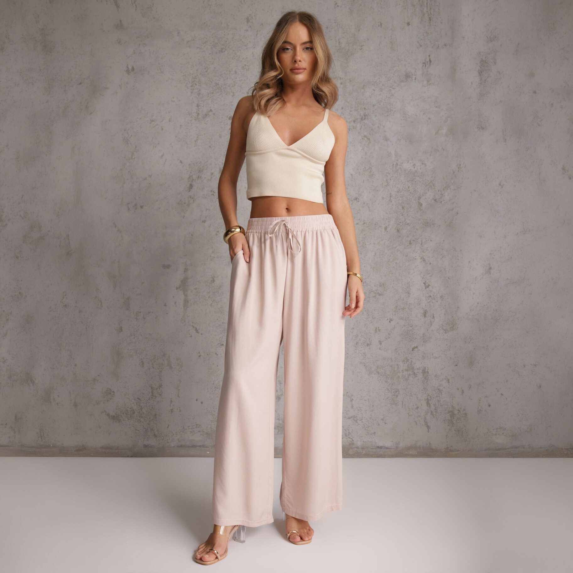 Jasnobeżowe Bawełniane Spodnie Palazzo High Waist z Gumką w Pasie Gitanea, beżowy, tkanina, Renee, damski, letni, rozmiar 2XL