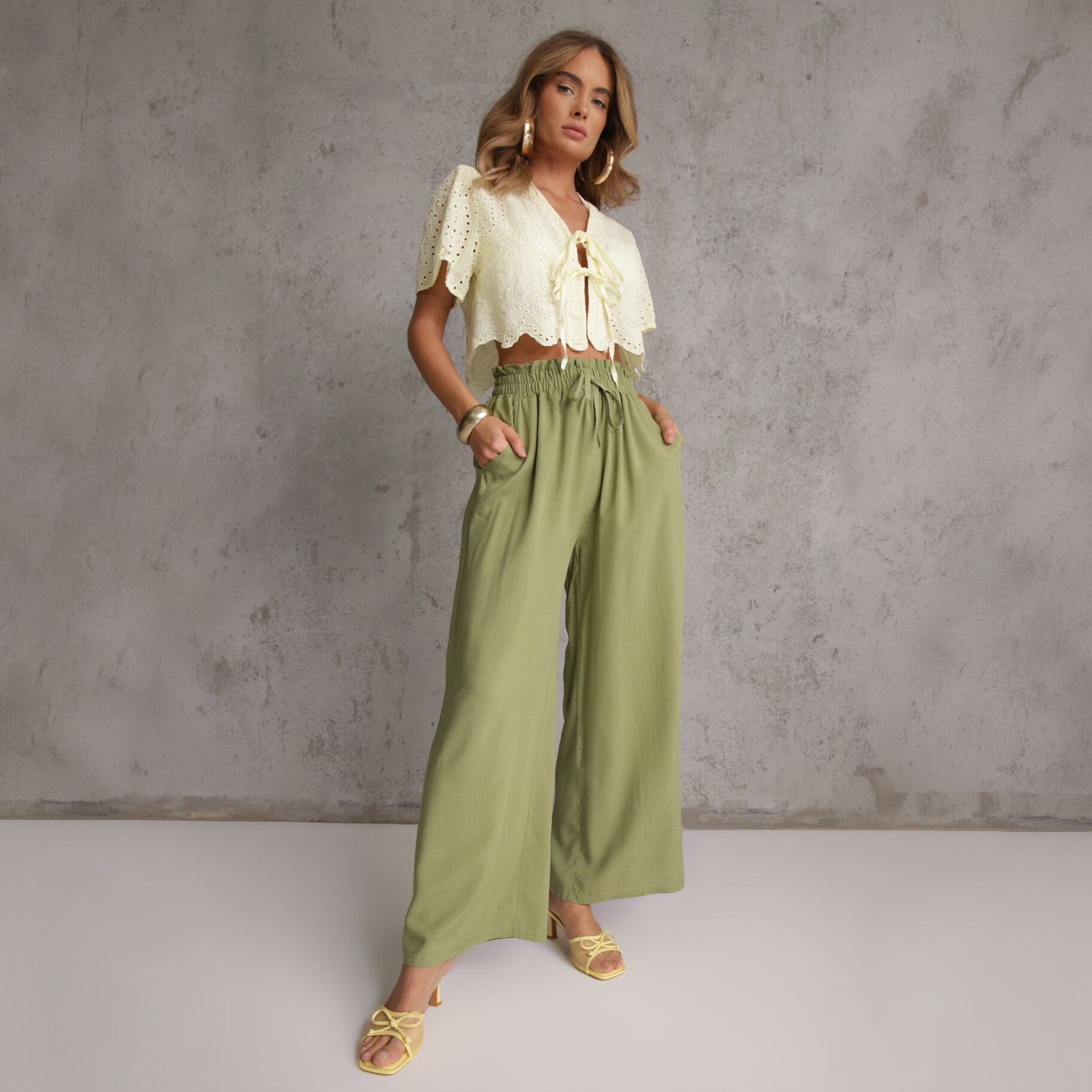 Jasnozielone Spodnie z Bawełny Typu Palazzo High Waist z Gumką w Talii Nelsaria, zielony, tkanina, Renee, damski, letni, rozmiar M