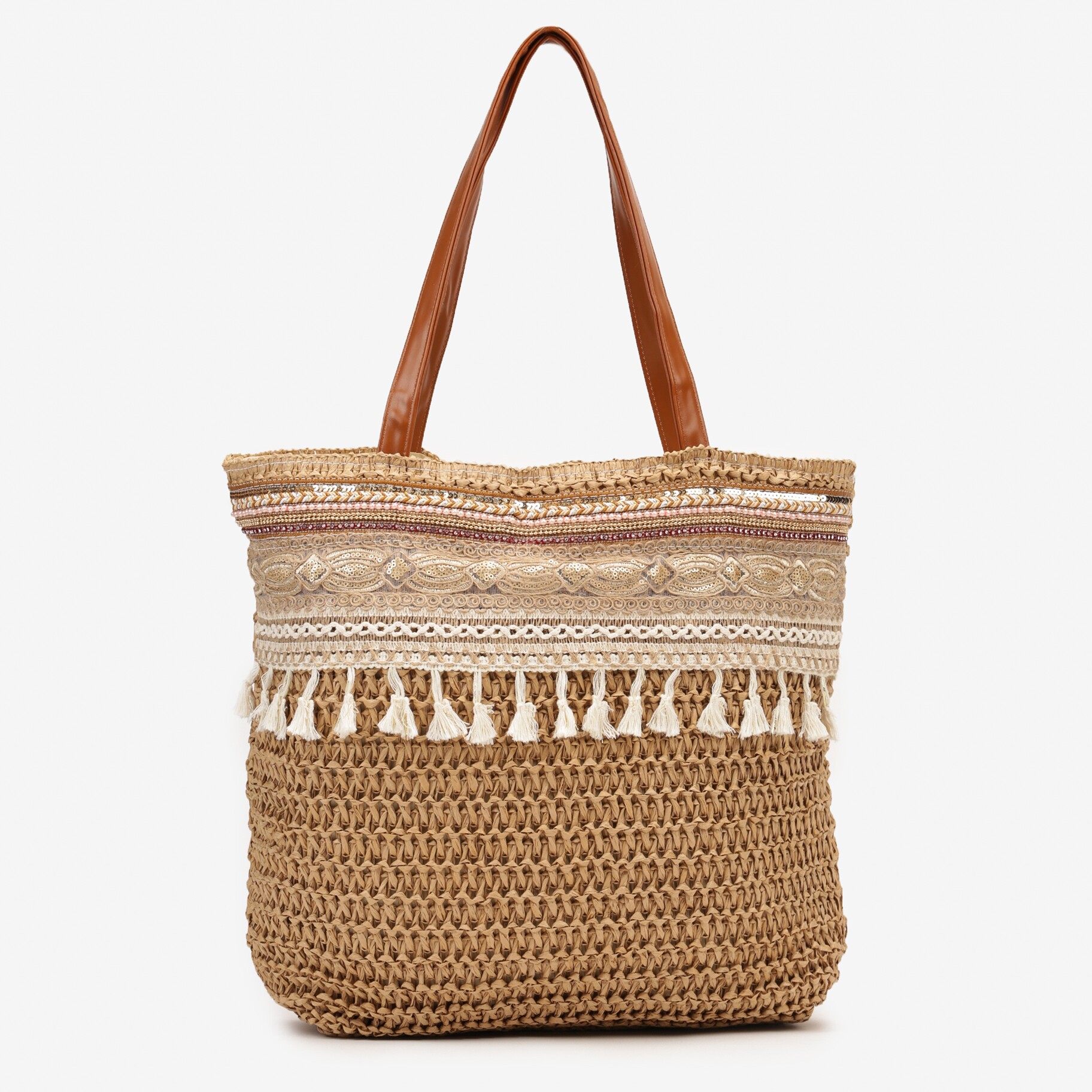 Brązowa Jednokomorowa Duża Torebka w Stylu Boho Ozdobiona Frędzlami Rivanete, brązowy, inny, Renee, damski, letni, rozmiar ONE SIZE
