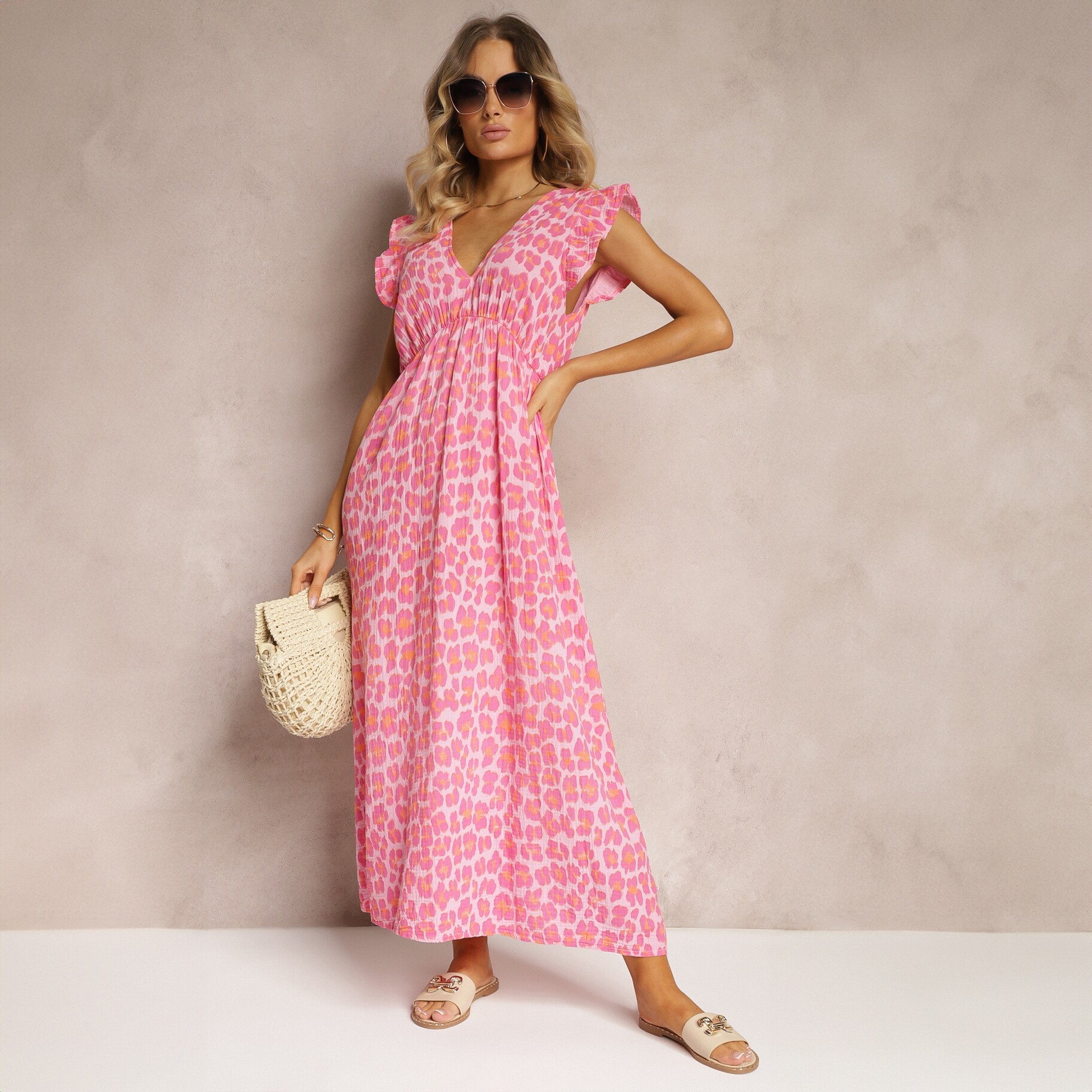 Różowa Sukienka Boho z Bawełny Ozdobiona Wiązaniem Carivia, różowy, tkanina, Renee, damski, letni, rozmiar ONE SIZE