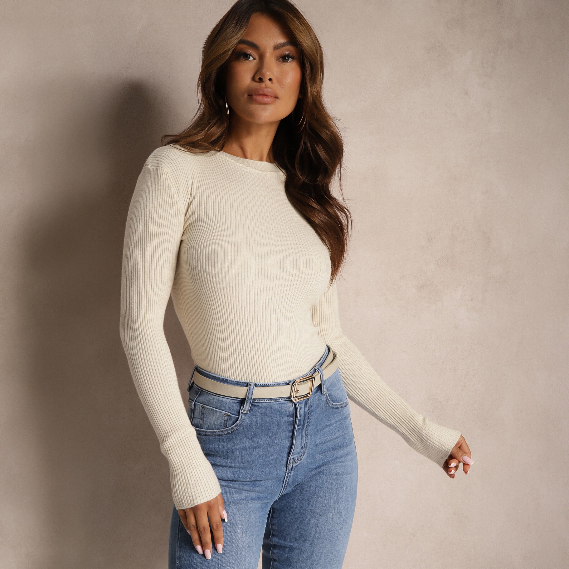Jasnobeżowa Bluzka Longsleeve w Cienkie Prążki Terilissa, beżowy, tkanina, Renee, damski, przejściowy, przejściowy, rozmiar ONE SIZE