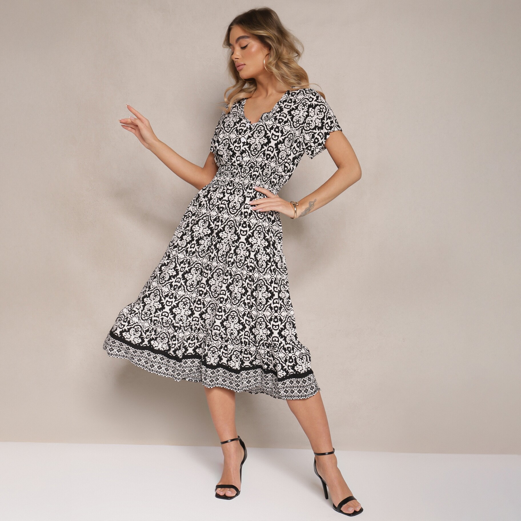Biało-Czarna Rozkloszowana Sukienka z Bawełny w Print Paisley Lanarisa, czarny, tkanina, Renee, damski, letni, rozmiar L