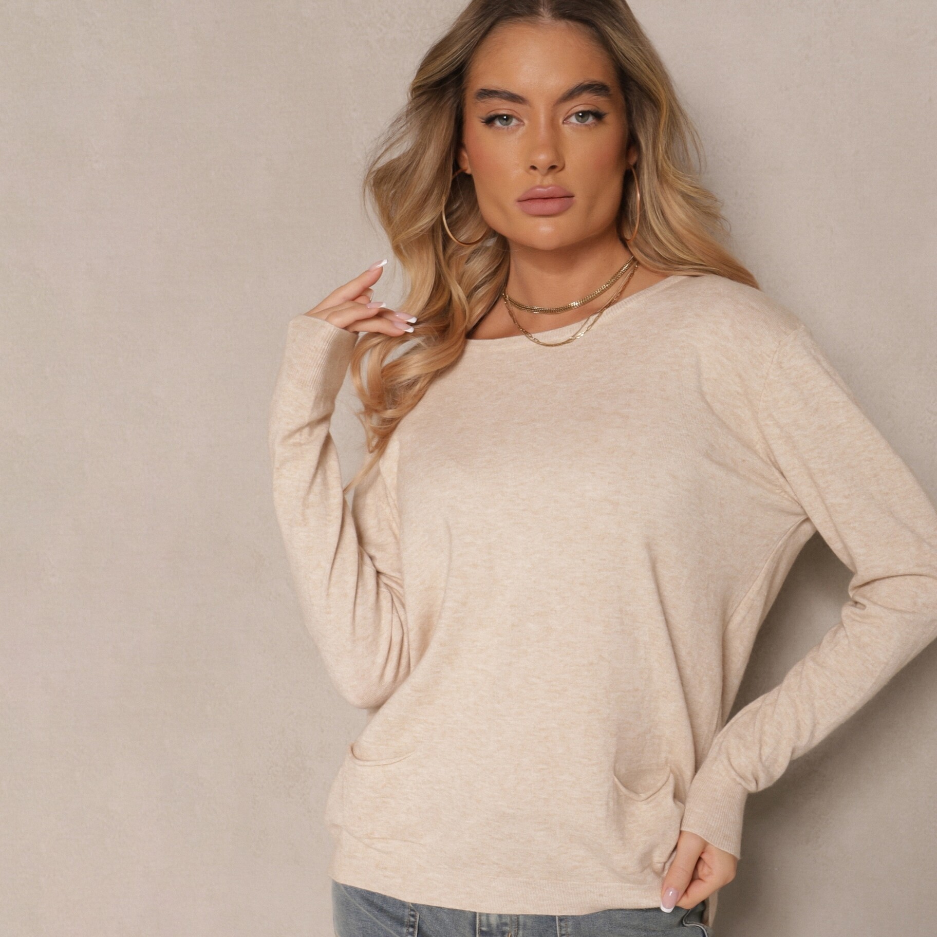 Beżowy Sweter z Kaszmirem Ozdobiony Kieszeniami Saniswena, beżowy, Renee, damski, przejściowy, rozmiar ONE SIZE