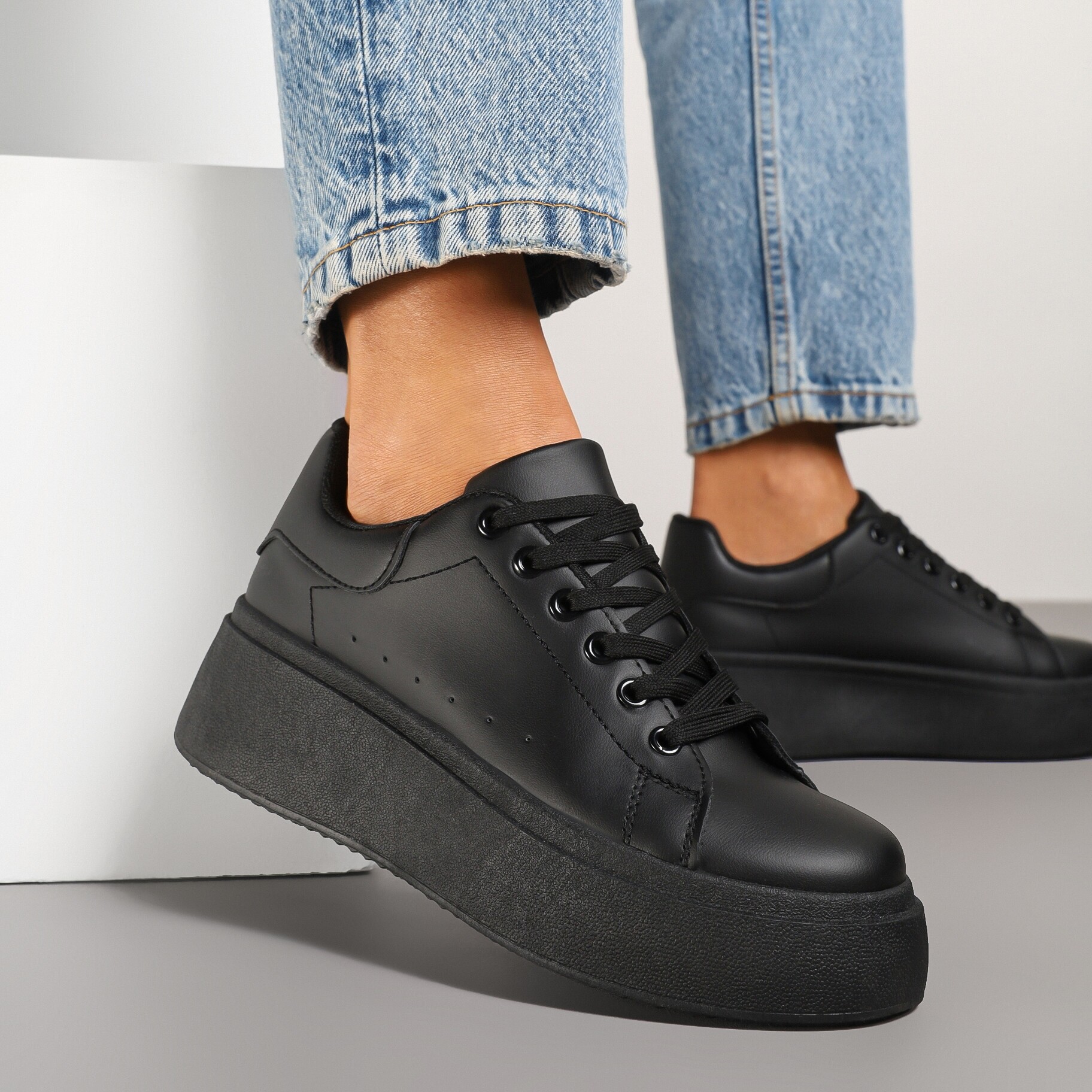 Czarne Basicowe Sneakersy na Platformie Jorvisa, czarny, imitacja skóry, Renee, damski, przejściowy, rozmiar 38