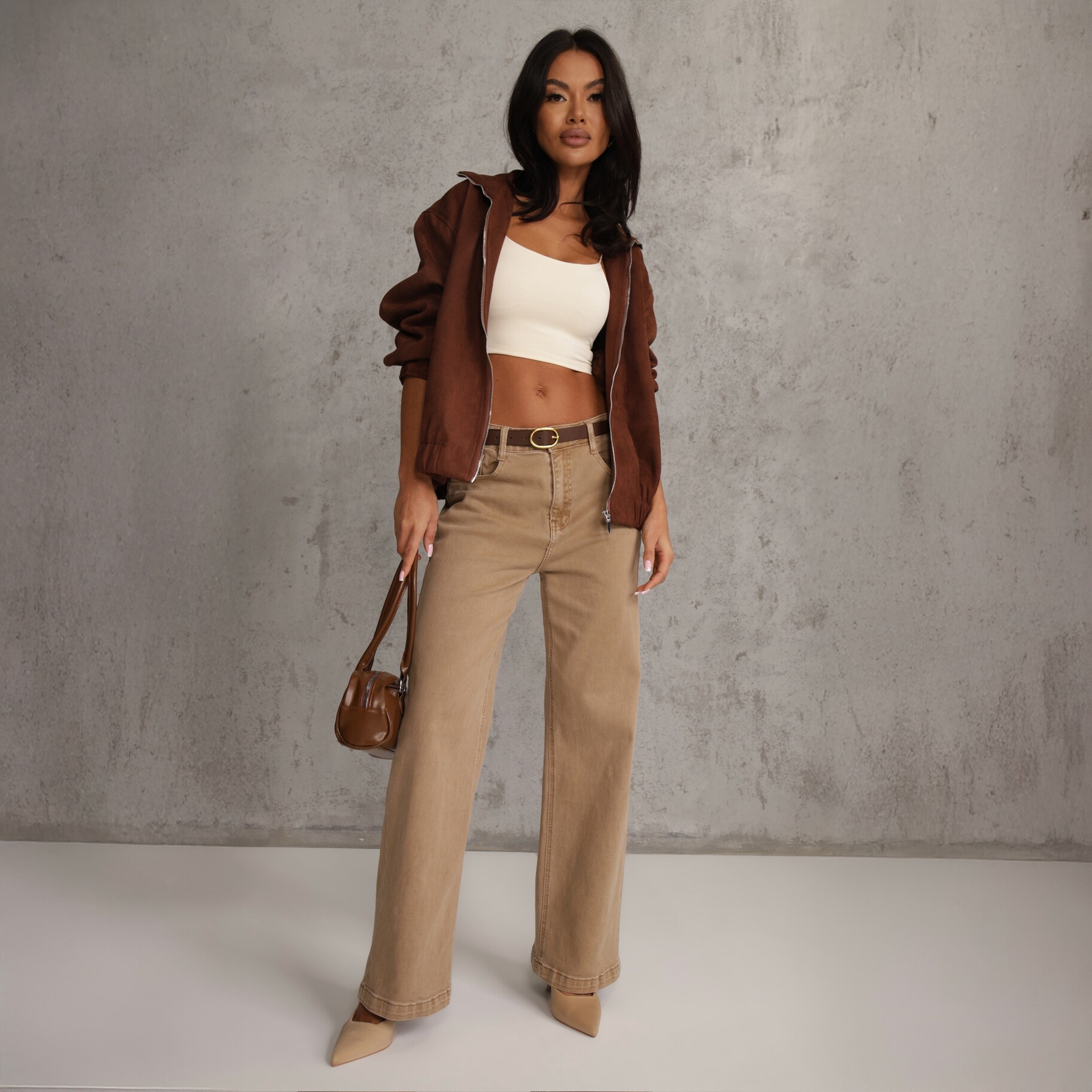 Beżowe Bawełniane Jeansy Regular Waist z Szerokimi Nogawkami Nindria, beżowy, tkanina, Renee, damski, całoroczny, całoroczny, rozmiar S