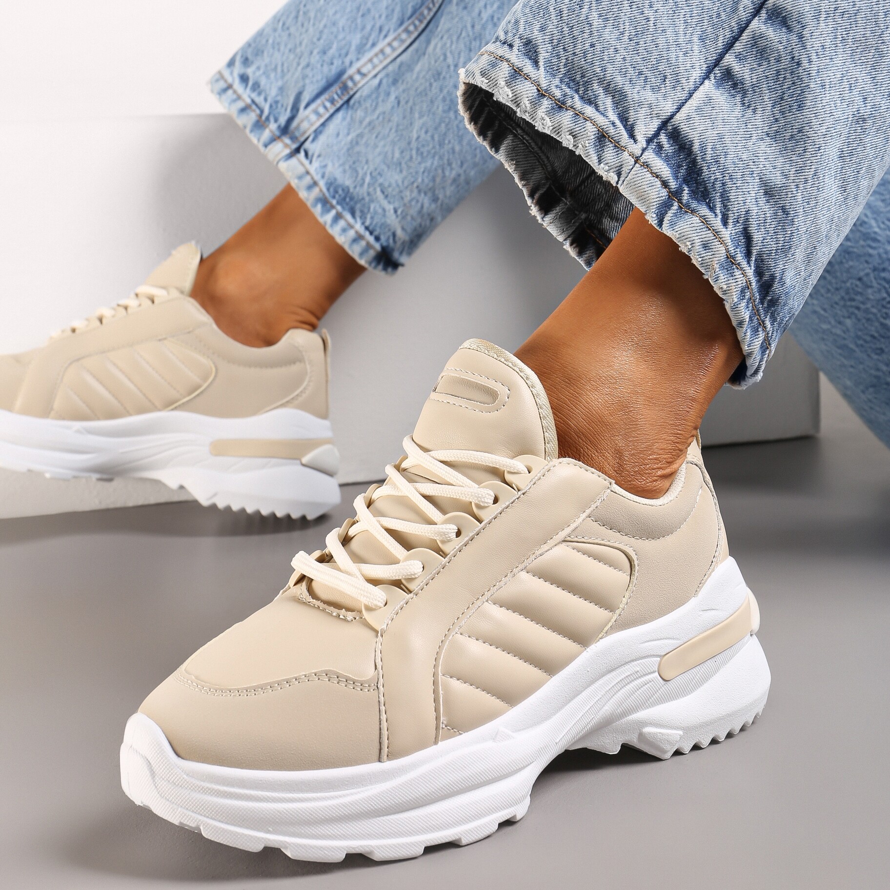 Beżowe Sneakersy Doreania, beżowy, imitacja skóry, Renee, damski, przejściowy, rozmiar 38