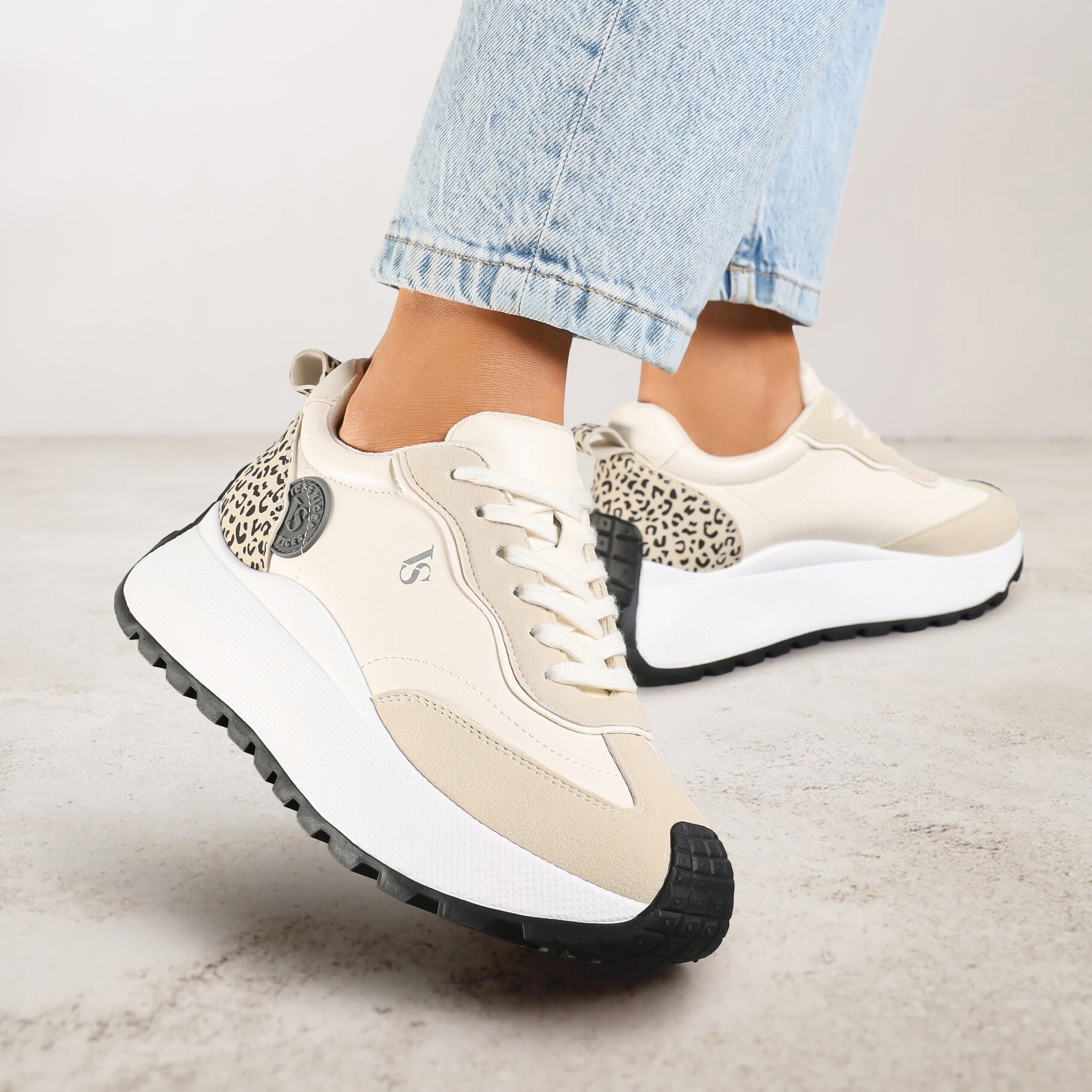 Beżowe Sneakersy Vices na Platformie Ozdobione Naszywką i Panterką Selothiel, beżowy, imitacja skóry, Renee, damski, przejściowy, rozmiar 38