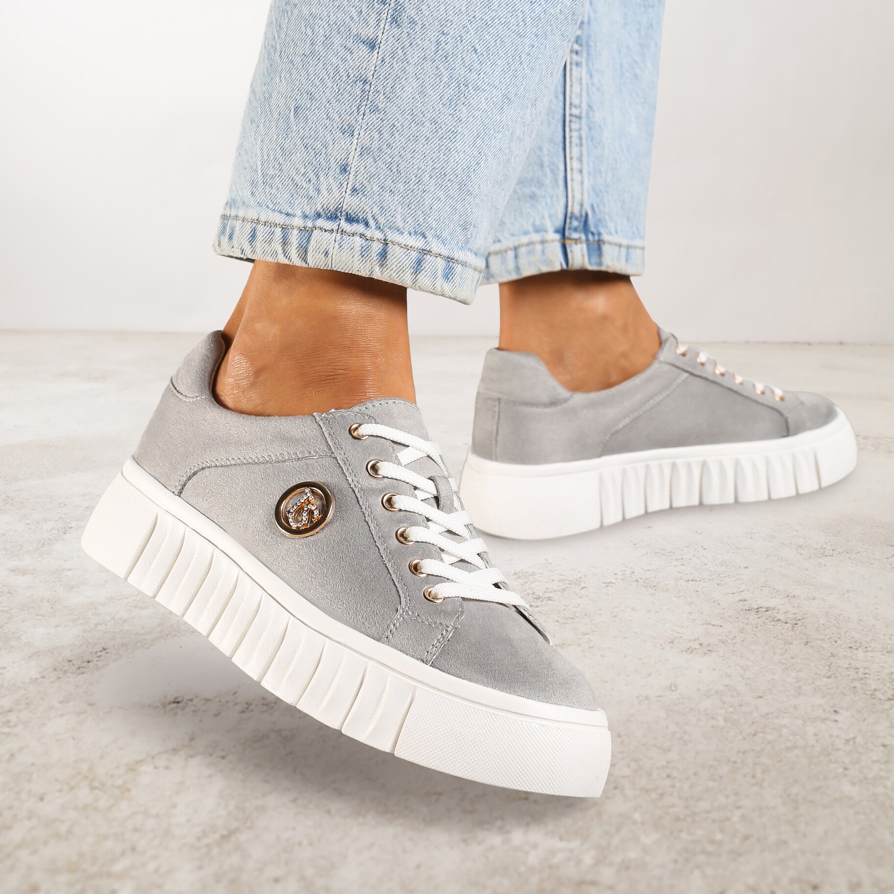 Szare Sznurowane Sneakersy Vices na Platformie z Tłoczeniem i Metaliczną Aplikacją Lavfedi, szary, imitacja skóry, Renee, damski, przejściowy, rozmiar 37