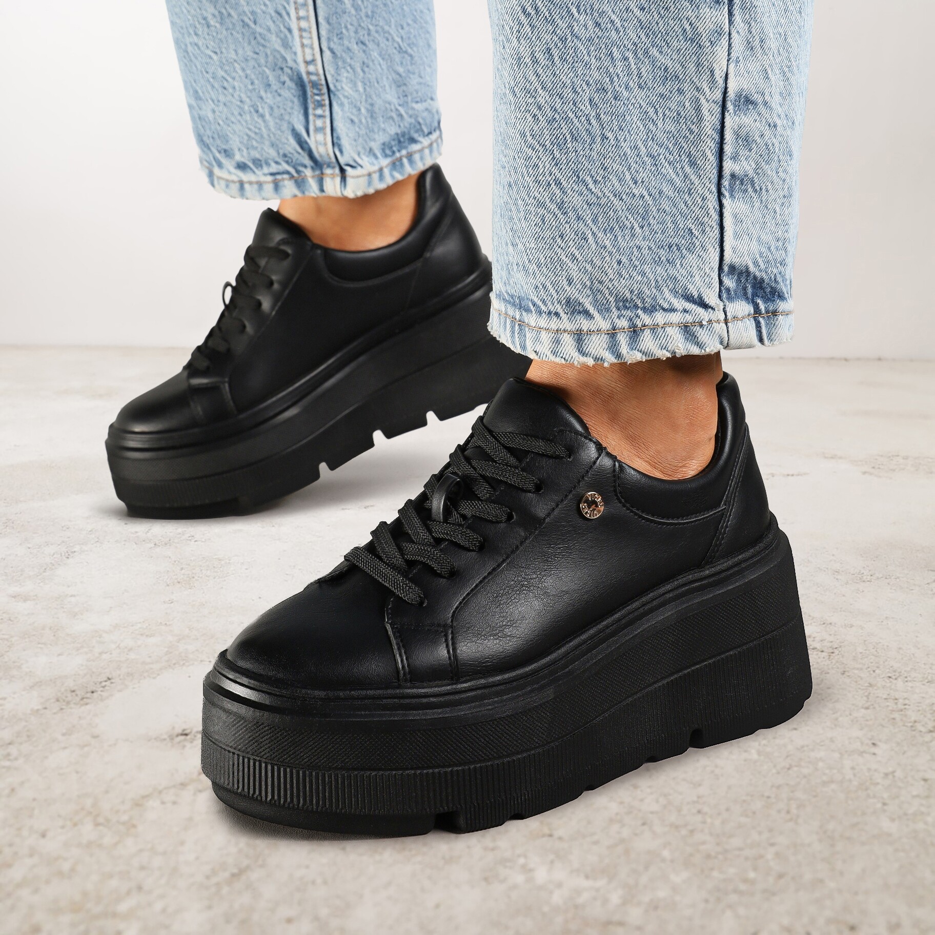 Czarne Sneakersy Vices na Grubej Podeszwie Tuliri, czarny, imitacja skóry, Renee, damski, przejściowy, rozmiar 37