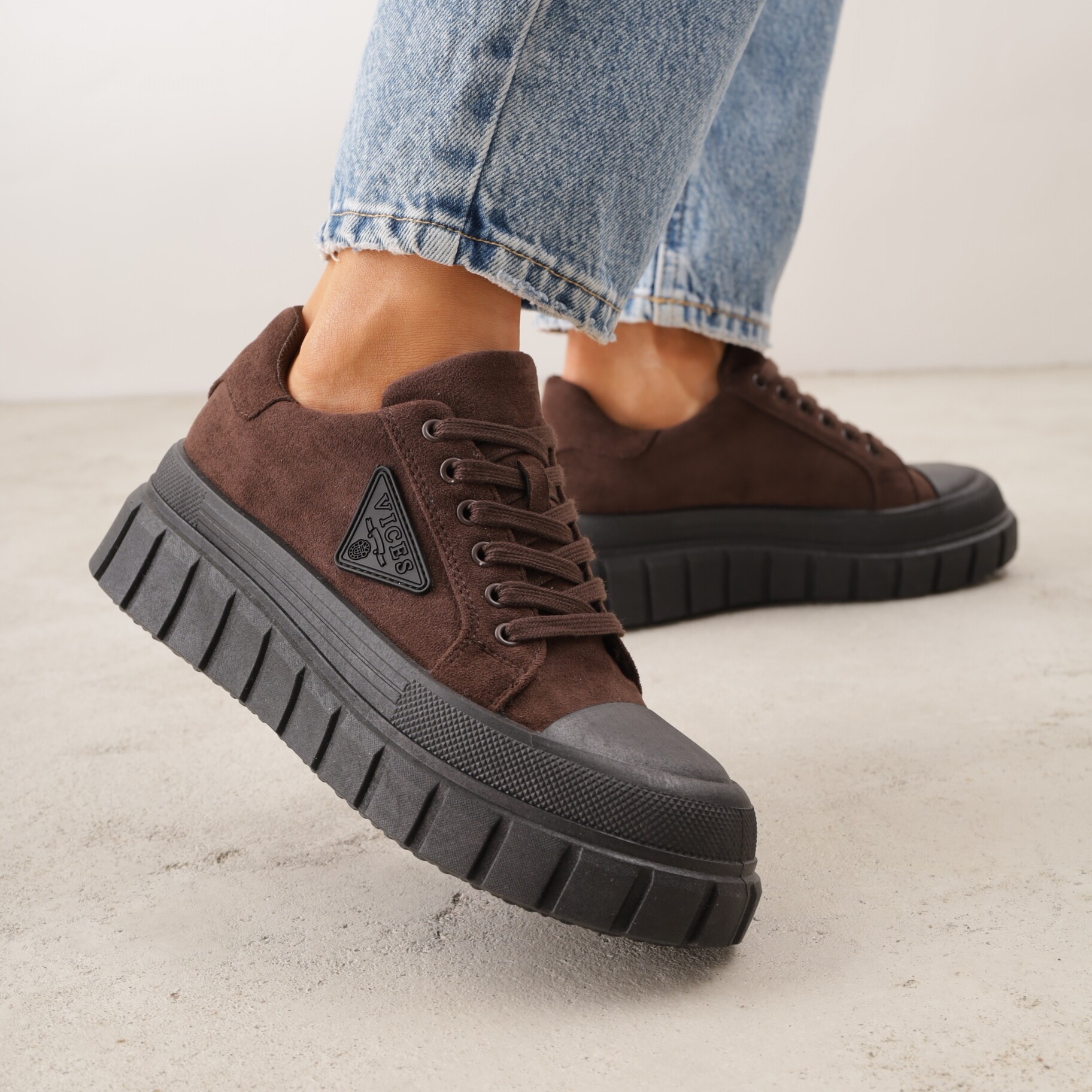 Brązowe Sneakersy Vices na Platformie z Ozdobą i Napisem Leawen, brązowy, imitacja zamszu, Renee, damski, przejściowy, rozmiar 39