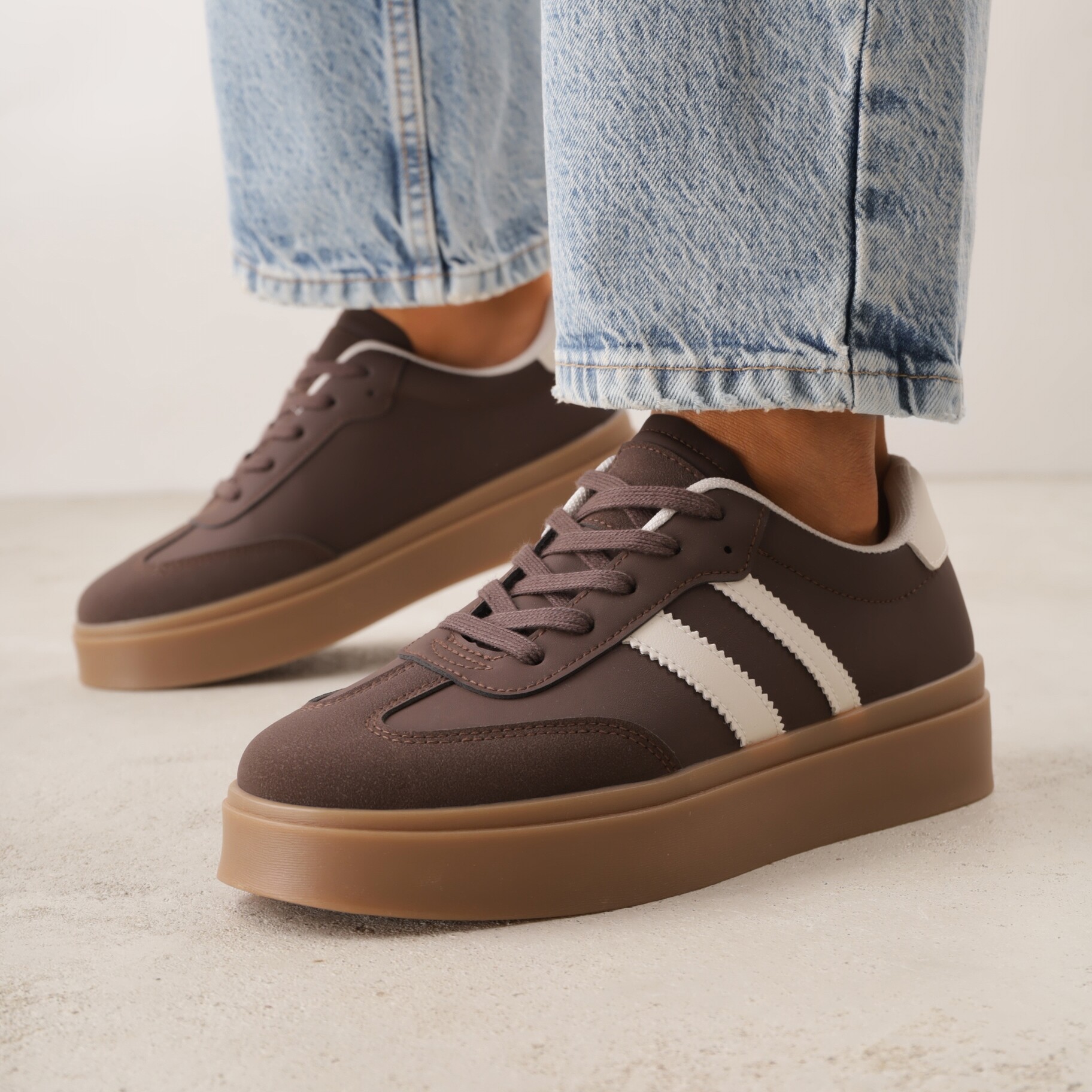 Brązowe Sneakersy VICES Typu Tenisówki na Platformie z Paskami po Bokach Zidilla, brązowy, nubuk syntetyczny, Renee, damski, przejściowy, rozmiar 38
