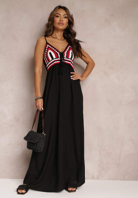 Czarna Bawełniana Sukienka Maxi z Szydełkową Górą i Gumkami na Plecach Jennesia