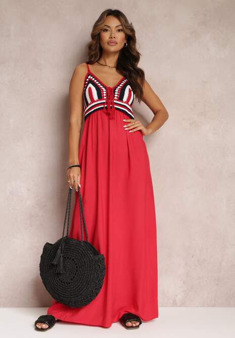 Czerwona Bawełniana Sukienka Maxi z Szydełkową Górą i Gumkami na Plecach Jennesia