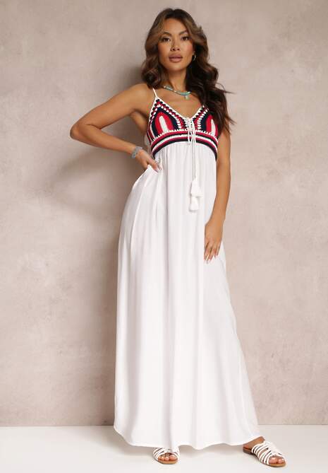 Biała Bawełniana Sukienka Maxi z Szydełkową Górą i Gumkami na Plecach Jennesia