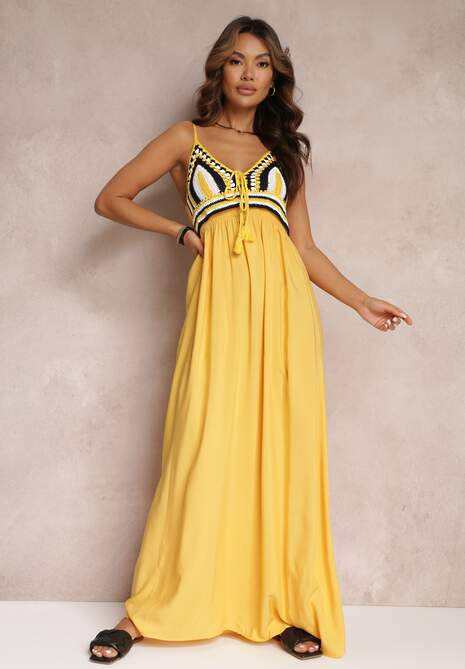 Żółta Bawełniana Sukienka Maxi z Szydełkową Górą i Gumkami na Plecach Jennesia