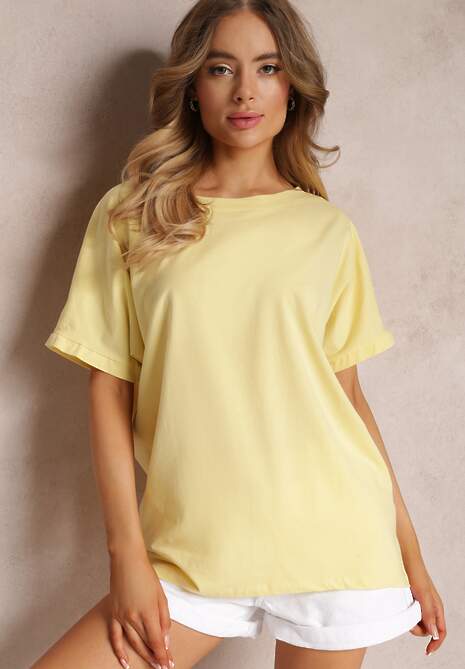 Żółty Bawełniany T-shirt Oversize z Krótkim Rękawem i Dłuższym Tyłem Zanimara