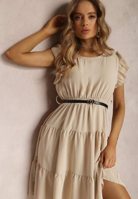 Beżowa Sukienka z Paskiem Theophena 4