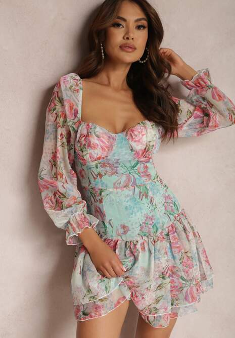 Jasnozielona Kwiecista Sukienka Mini z Falbankami i Ozdobnymi Rękawami Iale 4