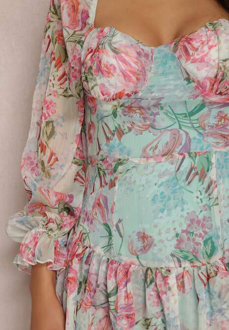 Jasnozielona Kwiecista Sukienka Mini z Falbankami i Ozdobnymi Rękawami Iale 5