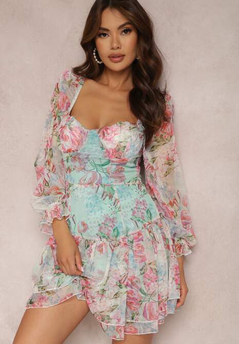 Jasnozielona Kwiecista Sukienka Mini z Falbankami i Ozdobnymi Rękawami Iale