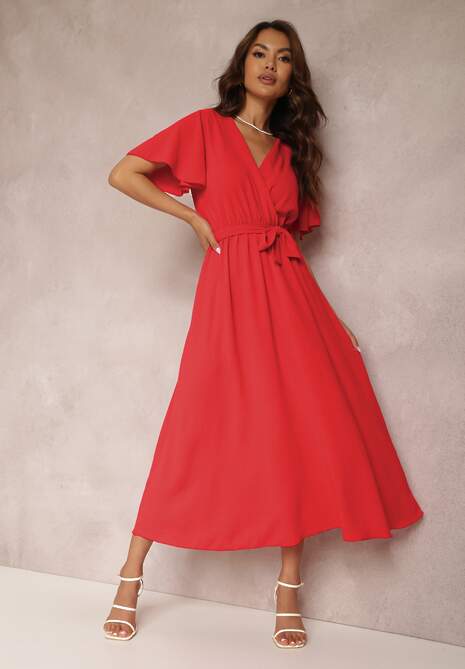 Czerwona Sukienka z Paskiem Oreithadina
