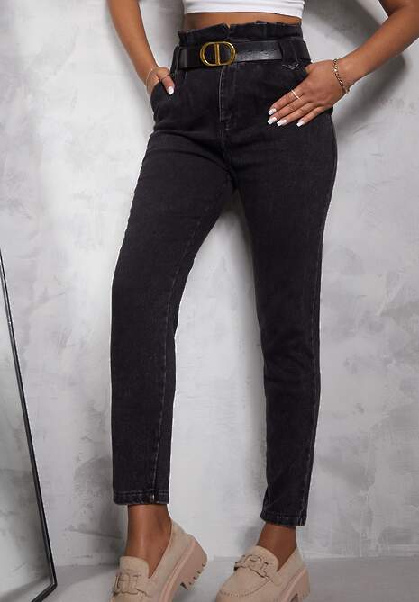 Czarne Jeansy Mom Fit z Paskiem Astera