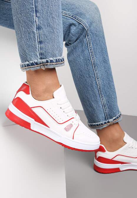 Biało-Czerwone Sneakersy Sznurowane z Ekoskóry Fondil