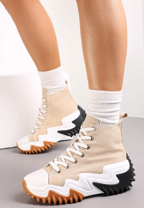 Ciemnobeżowe Sneakersy za Kostkę na Platformie z Wypustkami Fidor