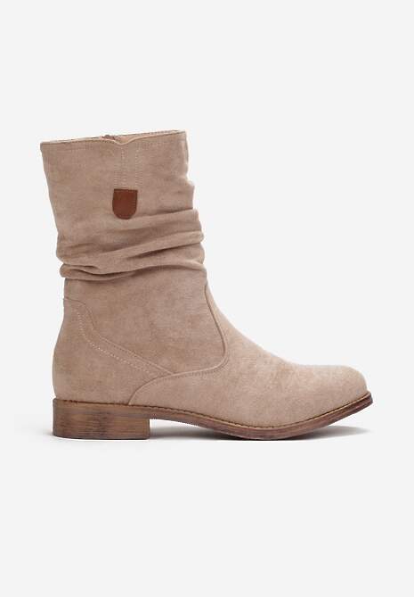 Botine bej închis imitație de piele întoarsă cu gambă medie și plisată Alemiphae 4