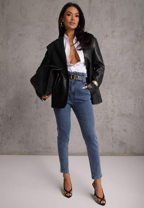 Granatowe Jeansy Mom Fit z Paskiem Astera