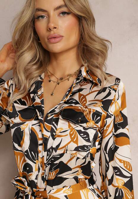 Beżowo-Czarna Satynowa Sukienka Koszulowa z Materiałowym Paskiem Gahi 5