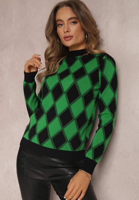 Zielony Sweter w Romby z Półgolfem Morphades